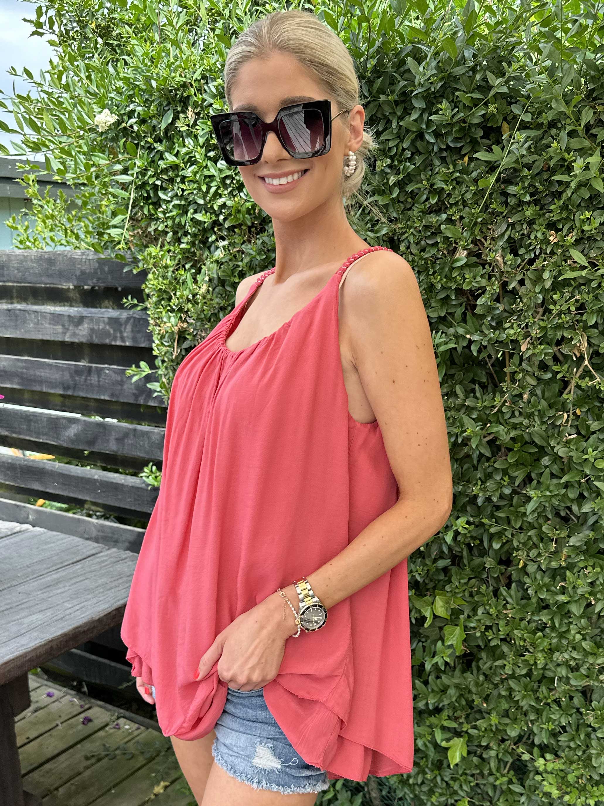 Asia - Söt enfärgad viskostopp med flätade band